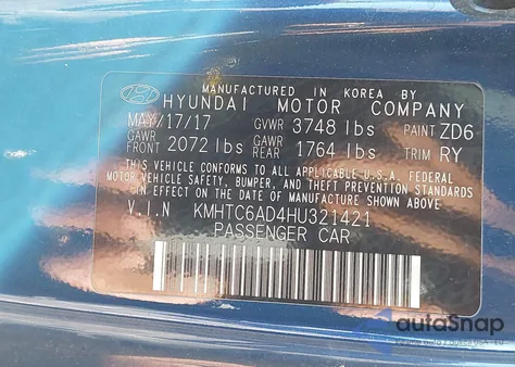 2017 Hyundai Veloster from USA, damaged, VIN KMHTC6AD4HU321421